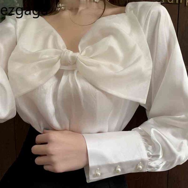 ezgaga elegant blouse women bowknot long sleeve spring korean fashion loose chic tender ladies shirts solid all-match shirts 210430, White